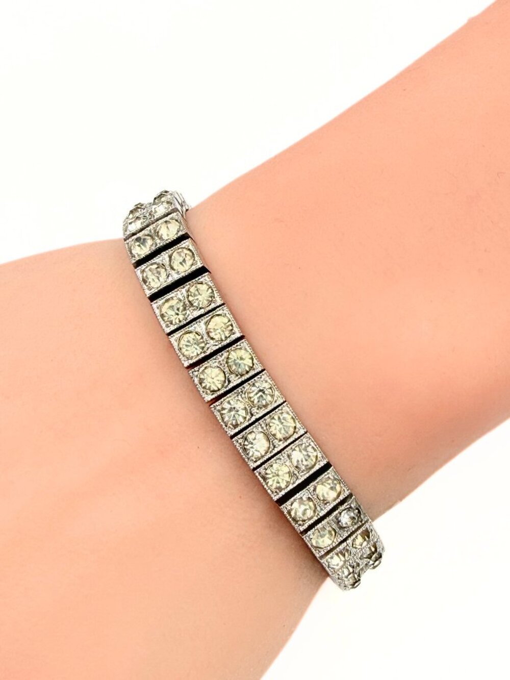 Antique Dorsons Art Deco Sterling Silver Double Row Paste Glass Link Bracelet